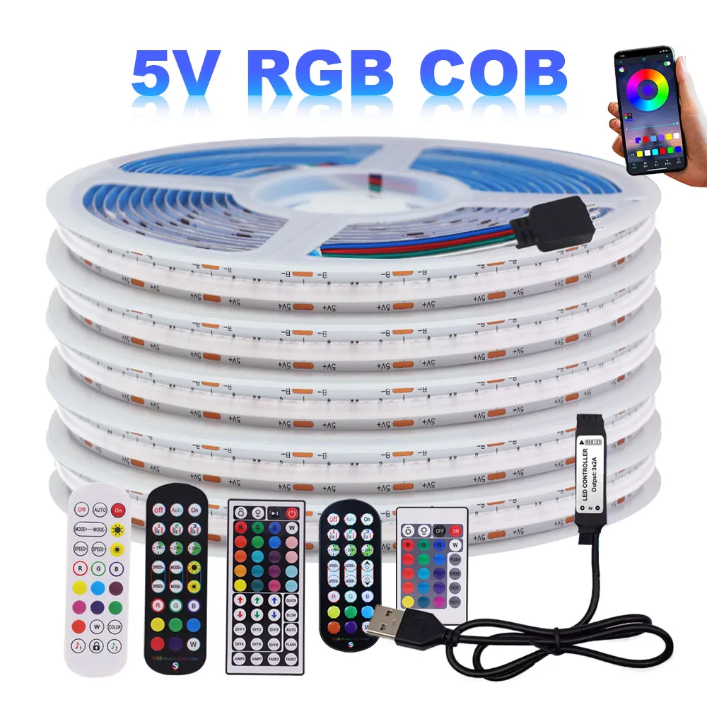 

5V USB RGB COB LED Strip Light Bluetooth-compatible Remote Control Flexible Tape 576LEDs High Density Linear Lighting for Home