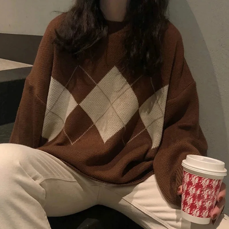

Autumn and Winter Diamond Plaid Pullover Round Neck Long Sleeved Loose Casual Elegant Knitted Sweater for Women
