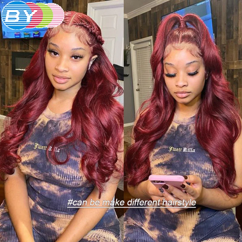 Frontal do Laço para as Mulheres Dianteira do Laço Onda do Corpo Perucas de Cabelo Colorido Borgonha 4 Peruca Pré-arrancadas Vermelho Transparente Humano Peru 99j 13 × 1 Online shopping