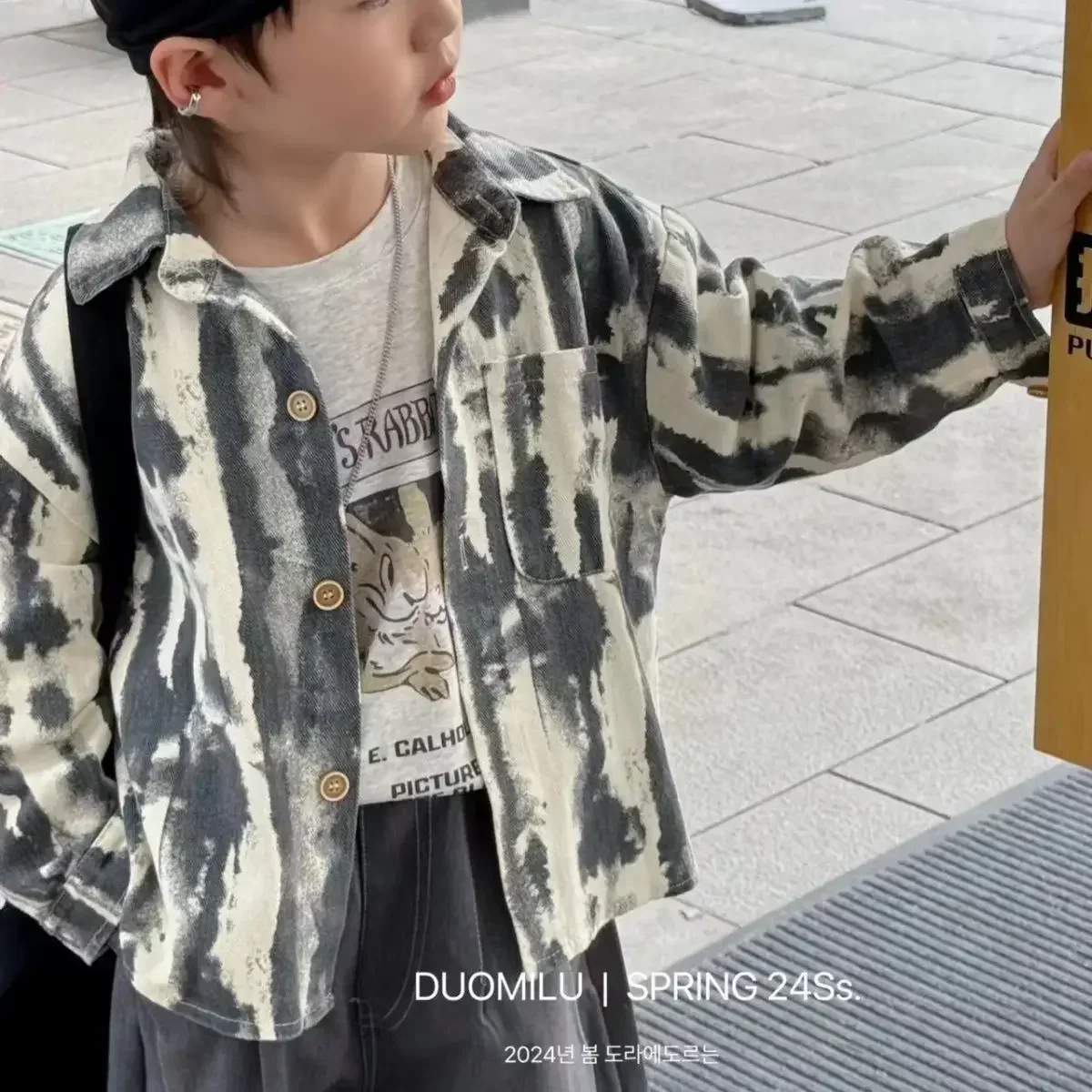 Children's Denim Cotton Shirt Spring Autumn Baby Boys Shirt Tie Dye Full Print Single Breasted Coat School Uniform for Boys