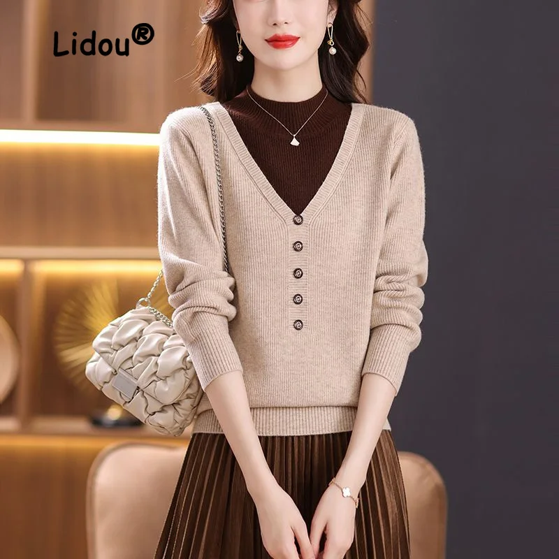 

2022 New Color Contrast Two Fake Pieces Sweaters Women Autumn Winter Classic Button Long Sleeve Office Temperament Lady Top