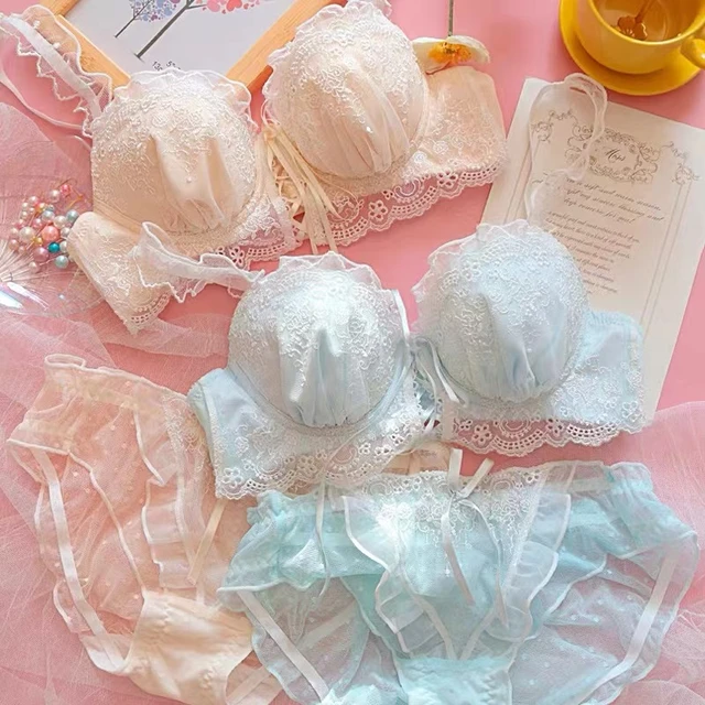 Japanese sexy lace bra set plus size no steel ring small chest cross ribbon bow  girls underwear set gathered lingerie brief - AliExpress