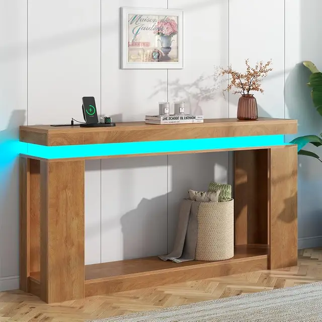63″” Long Console Table With Led Lights & Power Outlet, 2-Tier Farmhouse Sofa Table Behind Couch With Storage, Narrow Entryway