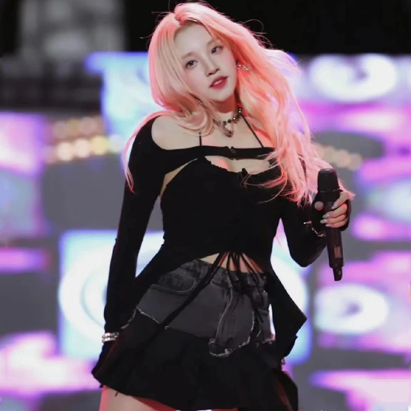 Korean Kpop Jazz Dance Women Black Crop Tops Two Piece Dancewear Concert Outfits Street Wear Patchwork Denim Skirt Stage Costume