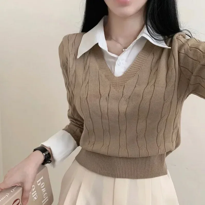 Korean Chic Spring and Autumn Age-Reducing Sweaters Retro Temperament Preppy Fake Two Pieces Shirts Twist Knit Women's Y2k Tops 2