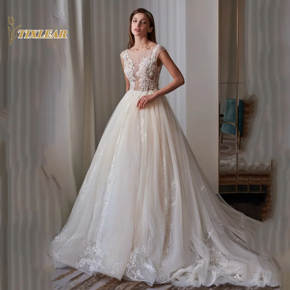 

TIXLEAR O-Neck Wedding Dresses Women Luxury Lace Illusion Bridal Gowns Tulle A-Line Sweep Train Backless Vestido De Novia New