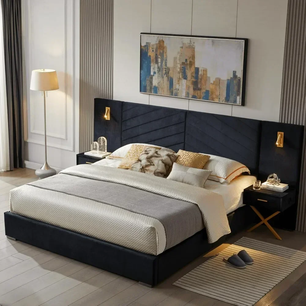 Luxury Bed Frame with Built-in Gold LED Lights and Nightstands,Platform Bed with Oversize Upholstered Headboard,No BoxSpringNeed 2