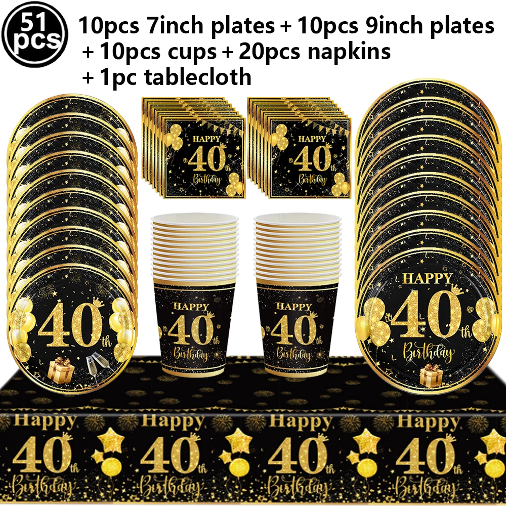 Elegant Black and Gold 40th Birthday Celebration Photo Backdrop and Party Decor Set