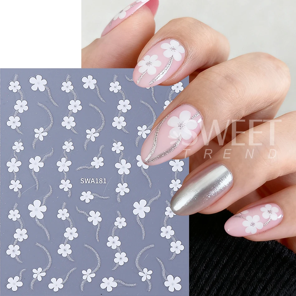 2pcs Black White Flower Nail Stickers Gold Silver Line Petals Florals Simple Adhesive Nail Decals DIY Manicure Decoration Slider