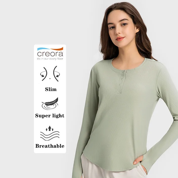 

Run Ribbed Long-Sleeve Shirt O Neck Button Fitness Girls Gym Yoga Shirts Hip Length Workout Sports Tops With Thumbholes