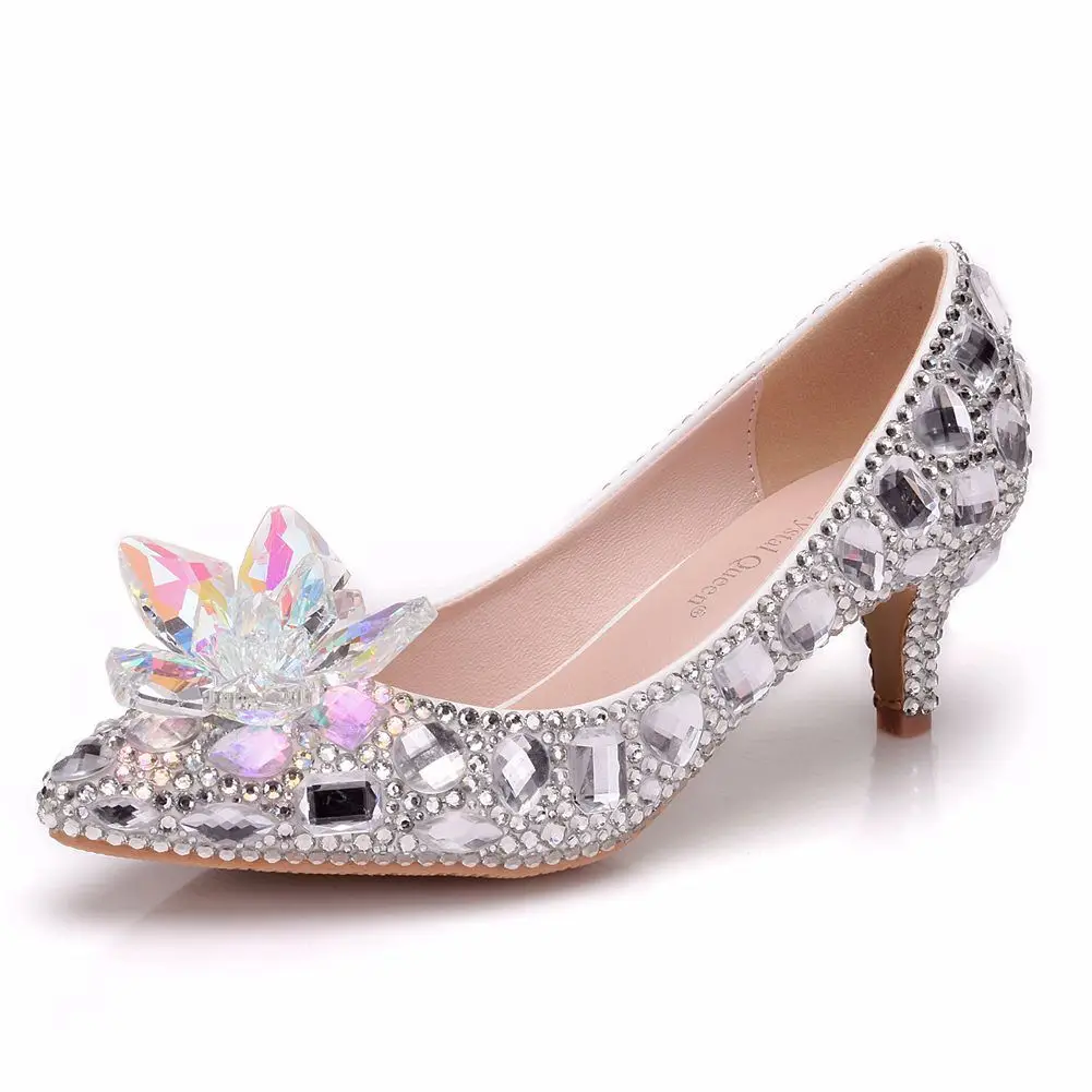 

Crystal Queen Wedding Shoes Thin Heels Silver Pointed Toe Music Concert Banquet Personalized Gift Princess Lady Pumps