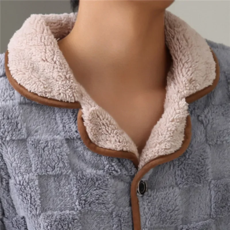 Men Winter Thickened Coral Fleece Pajamas Trousers Long Sleeve Plaid Jacquard Cardigan 2PCS Set Warm Leisure Flannel Nightwear