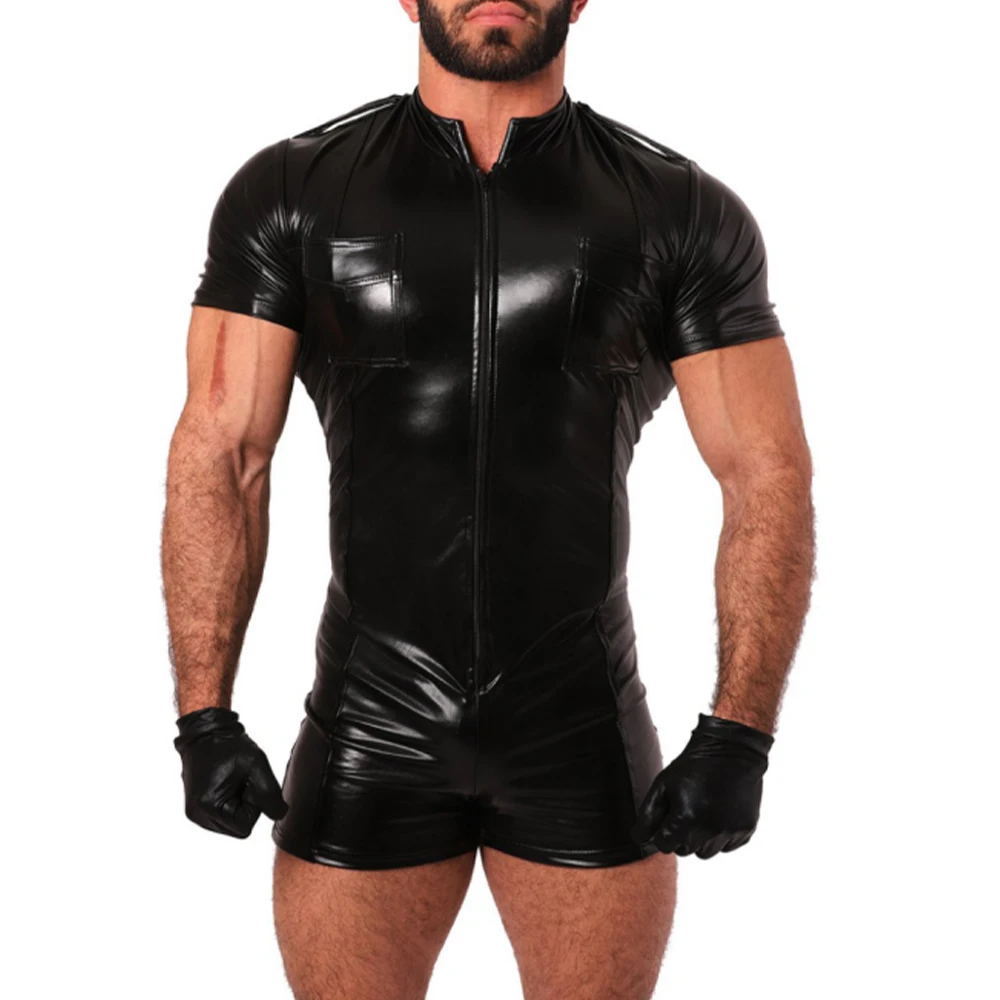 

Latex Wet Look Shiny Patent Leather Romper Man Zipper Jumpsuit Black Short Sleeve Bodysuit Underwear Clubwear Stage Costume A50