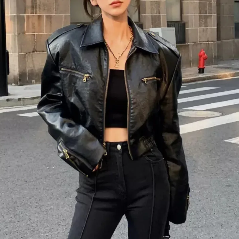

Women Fashion Leather Biker Jacket Full Sleeve Turn Down Collar Zipper Motocycle Genuine Leather TF5287