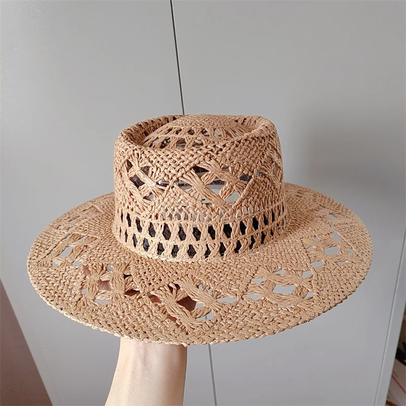 

Flat Top Patterned Hollowed Out Hand Woven Straw Hat Summer Sun Protection Vacation Sun Hat