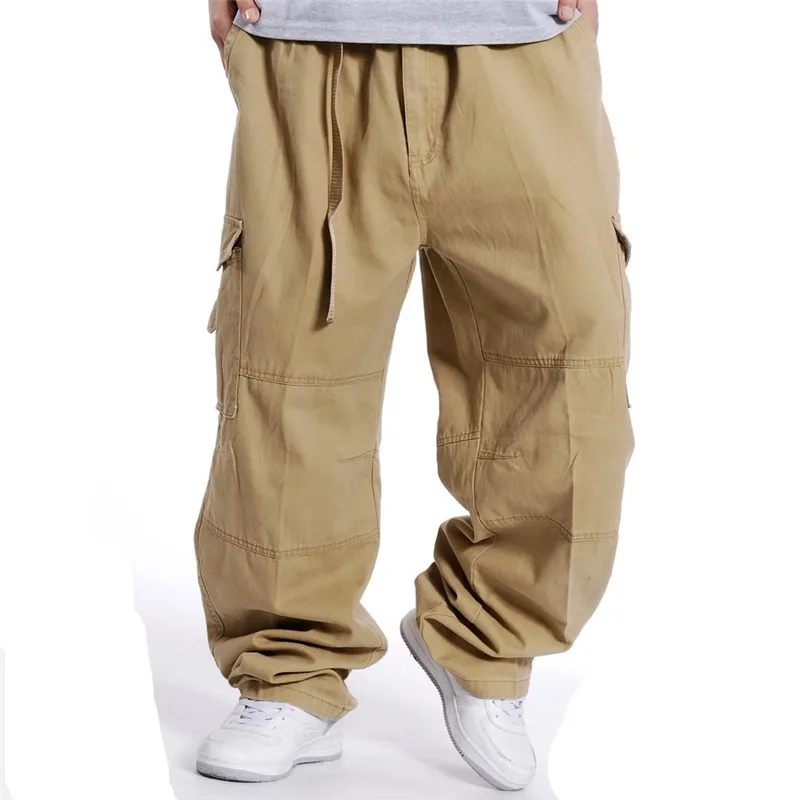 New Men's Multi Pocket Pants Casual Fat Cotton Work Pants with Plus Size Wide Legs, Elastic Waist, Loose Long Pants