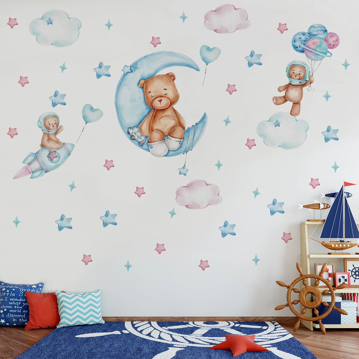 Blue Moon Balloon Rocket Bear Wall Sticker Star Cloud Wall Decor Cartoon Animal Background Wall Decalcomanie Per Baby Room Wall Decalcomanie