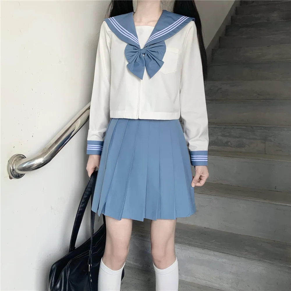 Japanese Korean Style Cute Blue Sailor Set Women Seifuku Student JK Uniform Sailor Suit Cosplay Costumes Girls Pleated Skirt
