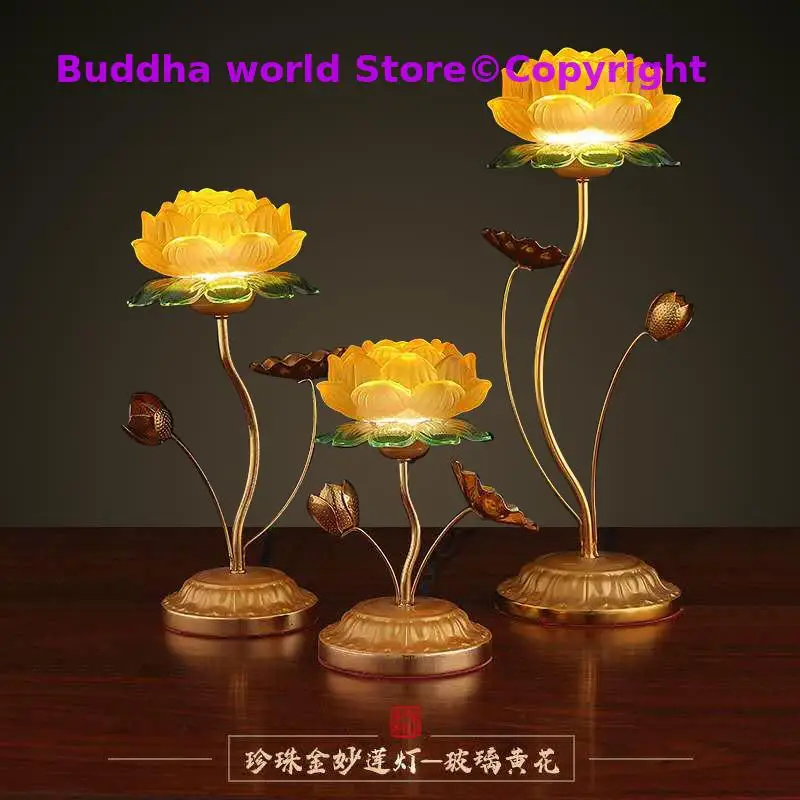 

A PAIR 2PCS Buddhism high grade HOME Temple shrine enshrine worship Guanyin Buddha good luck safe lotus flower crystal lamp