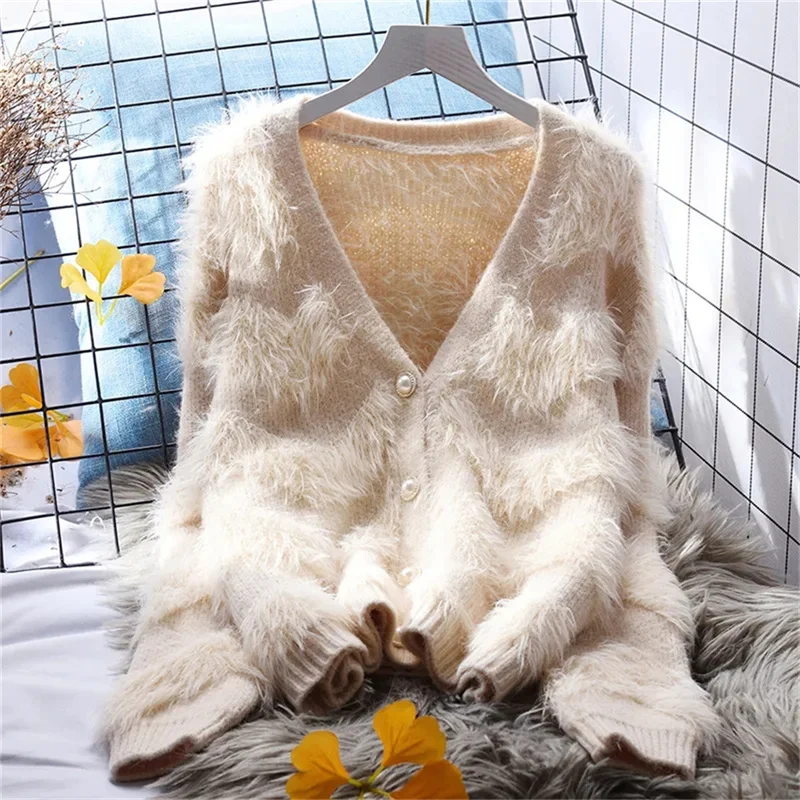 Fashionn Imitation Knit Coat Women's Outerwear Knit Jacket White Short Sweater Cardigan Women's Loose And Lazy Autumn New Korean