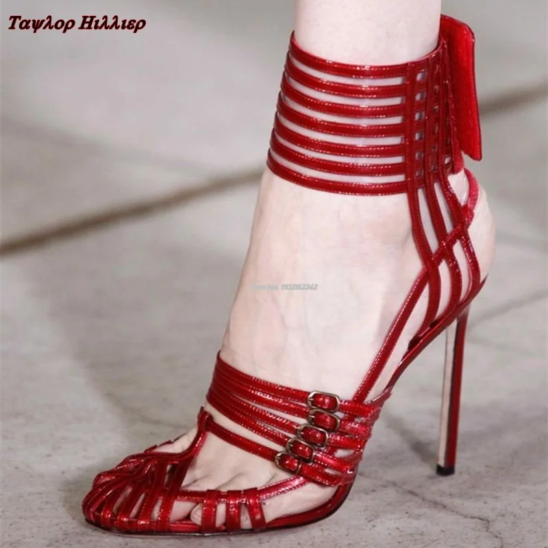 

Summer New Red Hollow Pumps Sexy Fashion Buckle Strap Breathable High-Heeled Sandals Simple Temperament Dress Women'S Shoes 43