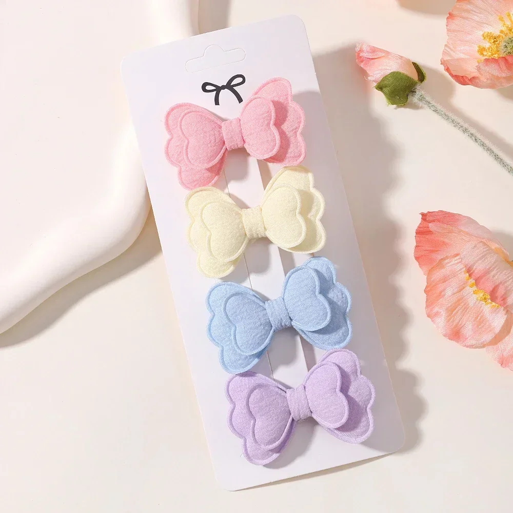 4Pcs/set Candy Colored Hair Clip Set for Girls Double Layered Bow Cute Bangs Hair Pin Cotton Safe Kids Baby Hair Accessories 6