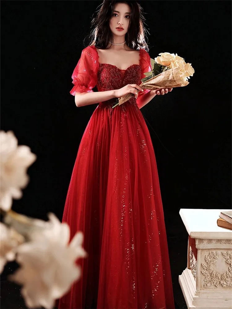 Elegant Wine Red Dress Women Solid Color Decal Sequin Square