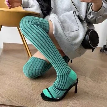 Women Fashion Spring Outfit Stockings Knee High Socks 8 Colorways Solid Striped Long Socks