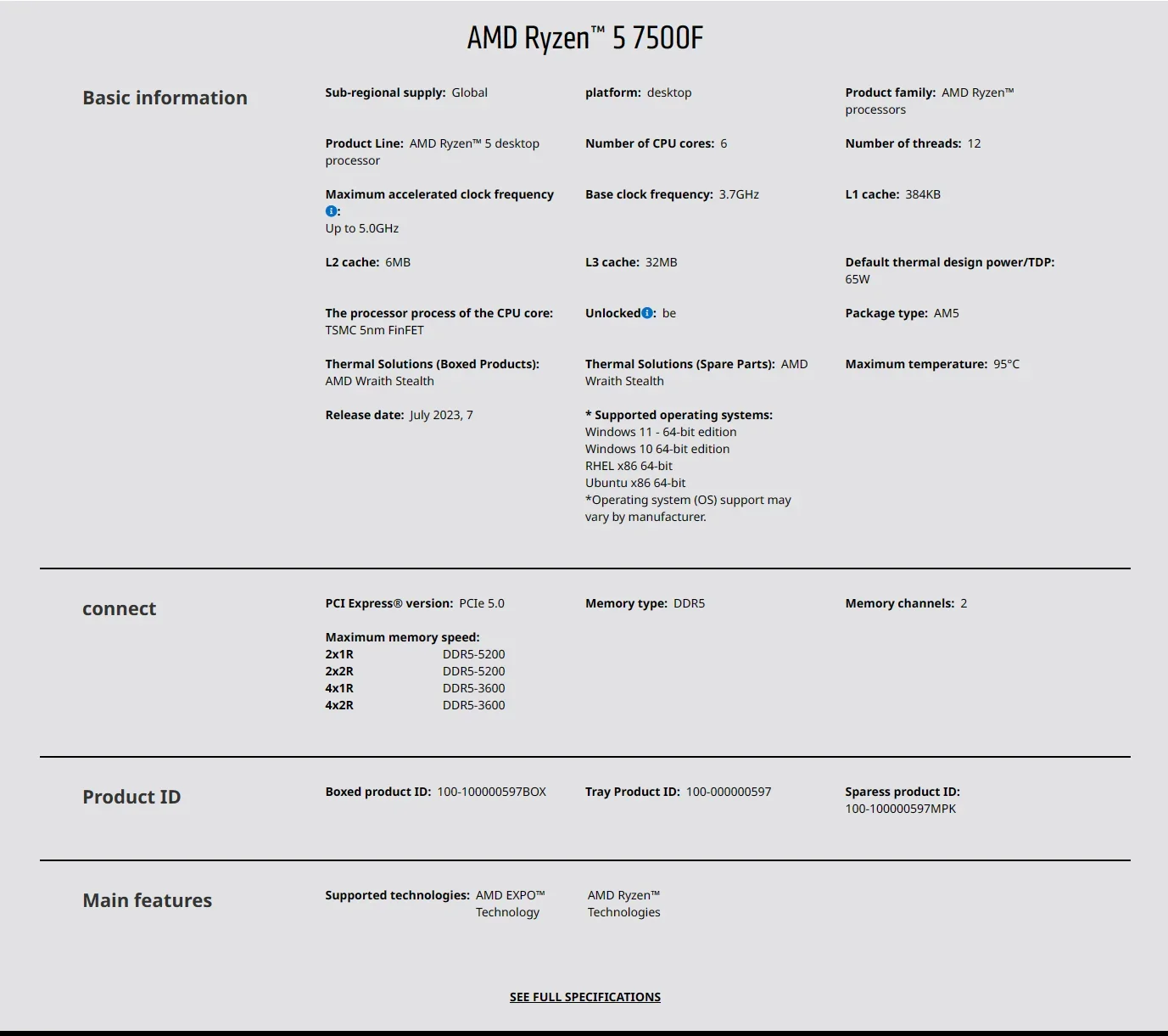 Ryzen 5 7500F R5 7500F Processor Desktop PC Gamer CPU Up to 5.0 GHz 6-Core 12-Thread 38MB Game Cache Socket AM5