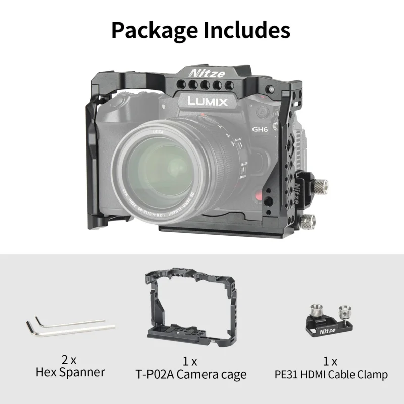 Nitze Gh6 Cage Per Fotocamera Panasonic Lumix Gh6 Con Morsetto Per Cavo Hdmi, Binario Nato Integrato E Piastra Qr Arca Swiss-T-P02B