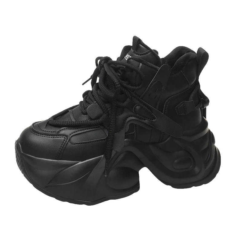 

New 2024 Winter Warm Plush Chunky Leather Sneakers Women Lace-up High Platform Sports Dad Shoes 7.5CM Heels Fur Snow Shoes Woman