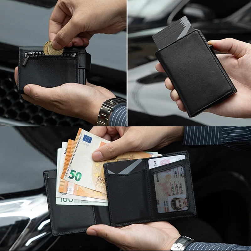 YATBEST Men's Card Bag RFID Anti Theft Brush Anti Magnetic Tape Zipper Change Bag Aluminum Automatic Pop Up Credit Card Clip id credit card holder
