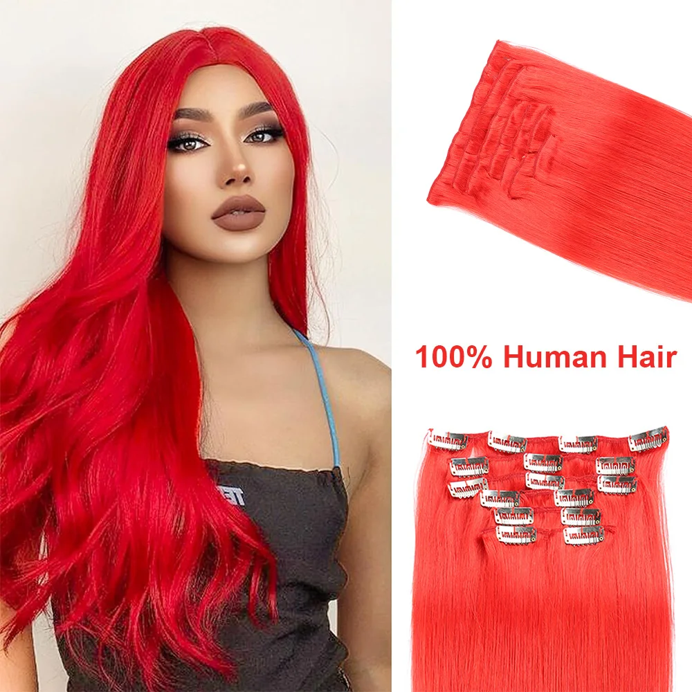 Straight Clip in Hair Extensions Real Human Hair Double Weft Seamless Clip ins Red Color Cynosure Hair Cosplay Hair Extensions