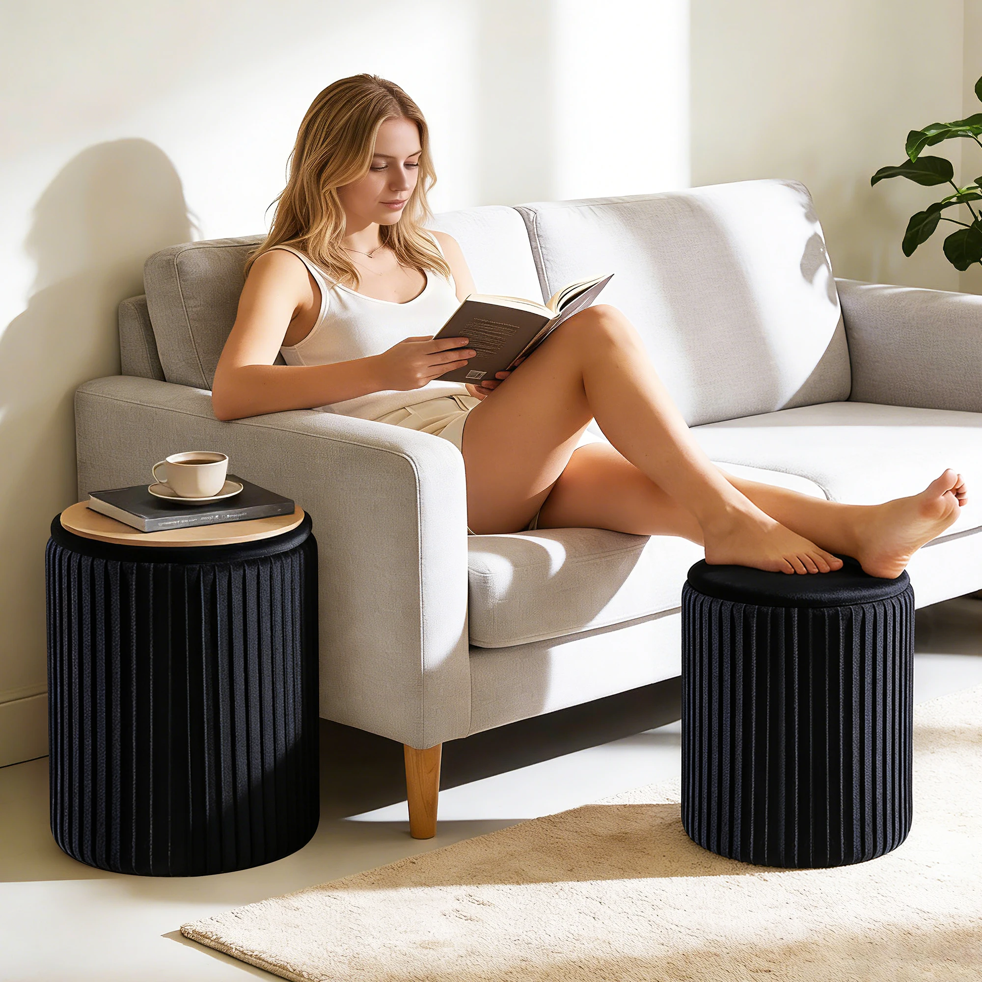 round storage ottoman set in living room