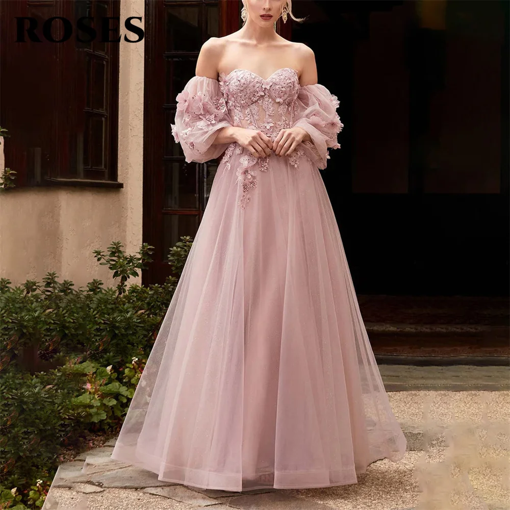 

ROSES 3D Flowers Sweetheart Wedding Darty Dress Blush Pink Tulle Princess Prom Dresses Appliques Off the Shoulder فساتين سهره