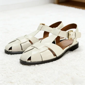 Luxury Metal Buckle Design Brand Flat Sandals Women Fashion Hollow Ankle Strap Gladiator Sandals Sexy Cozy Vacation Beach Shoes 1