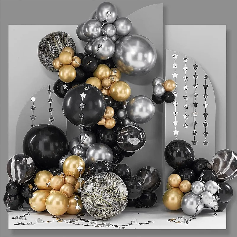 138 pcs black gold and silver balloon arch kit 4D marble aluminum foil balloon for birthday party wedding decoration retirement
