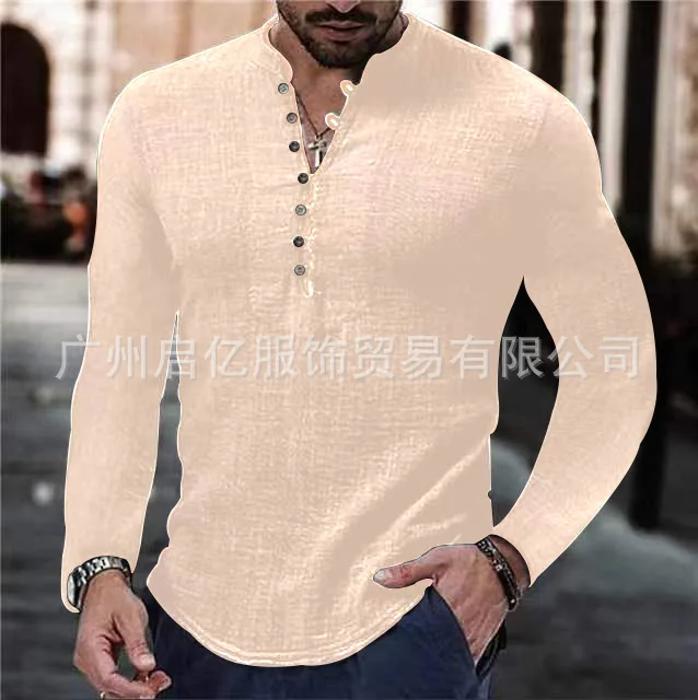 قميص رجالي كتان كاجوال بسيط برقبة على شكل حرف V صي...