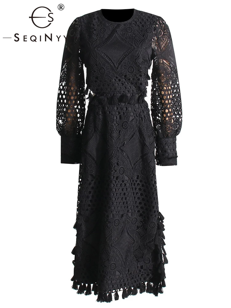 

SEQINYY Elegant Midi Dress Summer Spring New Fashion Design Women Runway Vintage Flower Lace Hollow Out Tassel Holiday Casual
