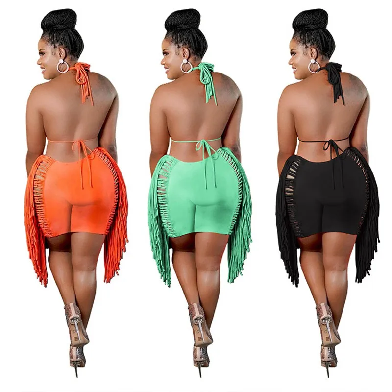 Bikini Fringe Sexy Personality Two Piece Set Women's Summer New Beach Style Solid Color Sleeveless Top Shorts Matching Set 2022