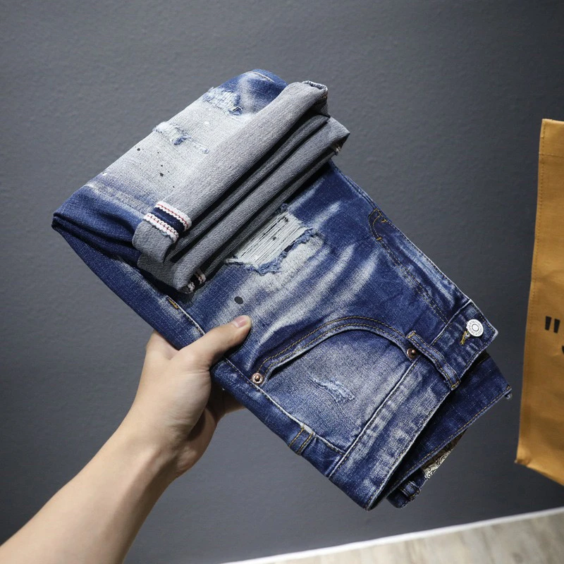 EH·MD® Three Dog Embroidered Jean Shorts Men's Hole Splash Blue Medium Pants Scraped Thin Breathable Soft Elastic 2022 Summer