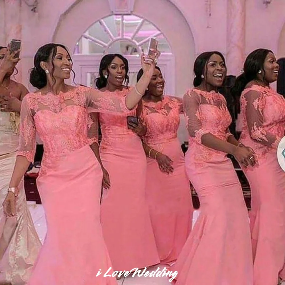 Robe de demoiselle d'honneur en Satin rose, manches mi-longues, style sirène, longueur au sol, robe d'invitées de mariage, personnalisée