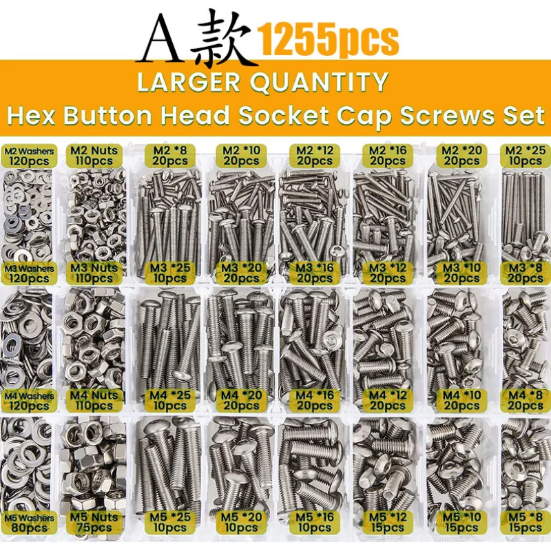 Screw Bolt Nut Set Pan Head Hexagon Screw and Nut 1255Pcs/660pcs/520pcs/1290pcs screw bolt nut set,screw washer nut kit