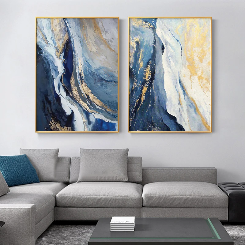 Modern Abstract Gold Foil Lines Blue Canvas Art Paintings For Living Room Posters And Prints Nordic Home Decoration Pictures