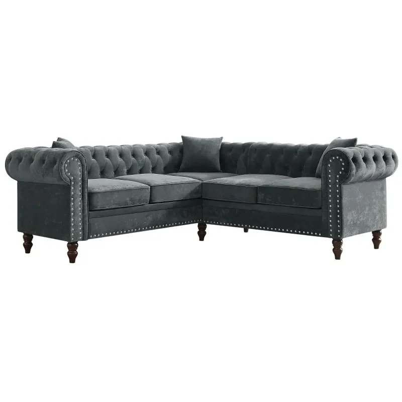 

80" Deep Button Tufted Upholstered Roll Arm Luxury Classic Chesterfield L-shaped Sofa 3 Pillows Included, Solid Wood Gourd Legs