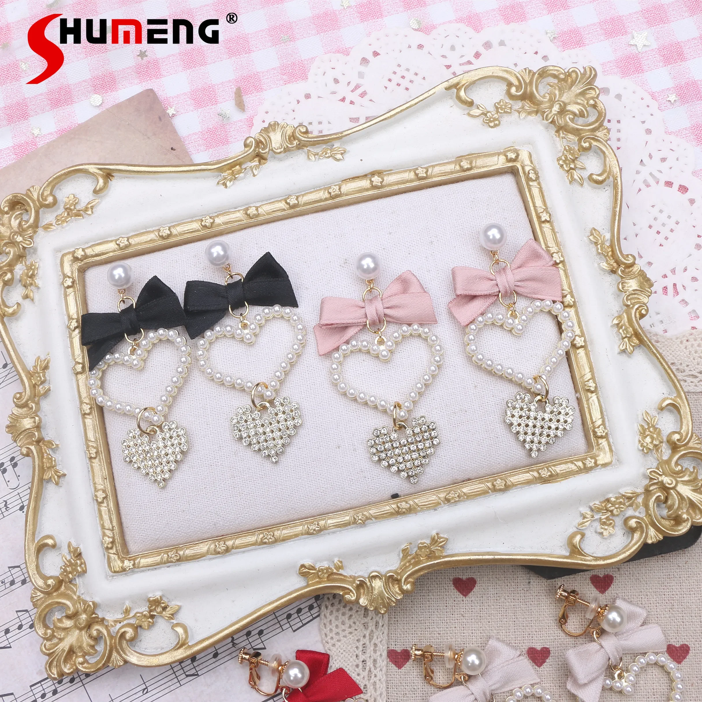 Sweet Bow Heart Shape Rhinestone Ear Clip Lady Hand-Made Pearl 925 Silver Pin Earrings Needle Women's Accessories 2023