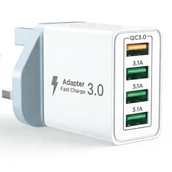 High - Speed USB - A Wall Charger with UK Plug - 4 - Port 33W QC3.0 Fast Charging Adapter - UK White