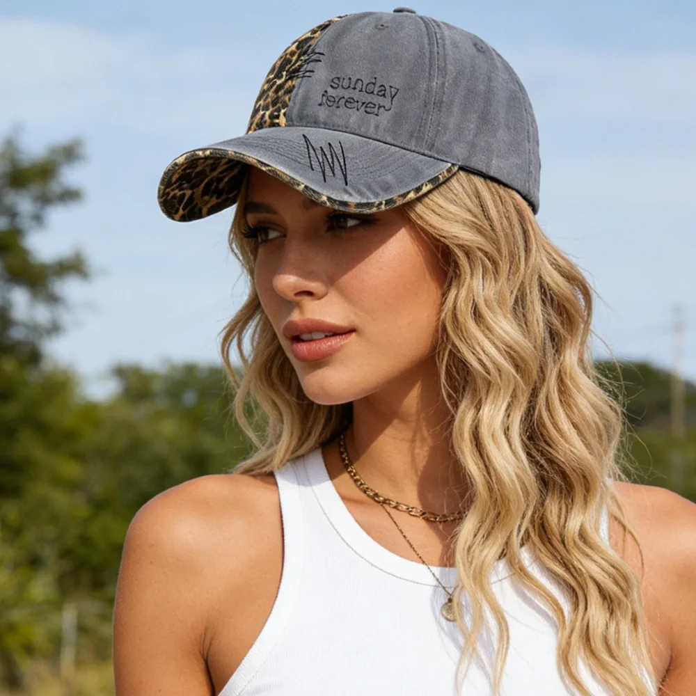 Neue Y2K-Baseballkappe, modische Leoparden-Patch-Mütze aus gewaschener Baumwolle für Damen, lässiger Boho-Streetwear-Stil, trendige Damenmützen. – Detail 10