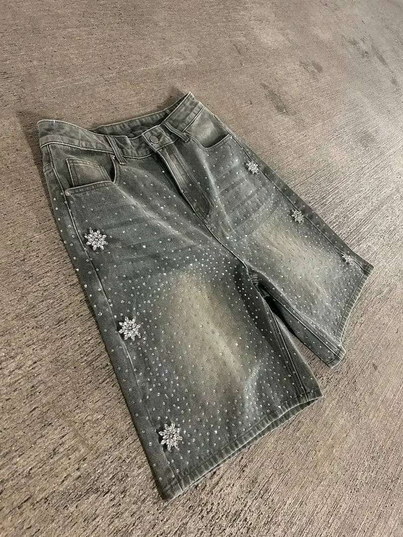Retro rhinestone design denim shorts for men summer y2k minimalist beach bodybuilding casual couple wide leg shorts