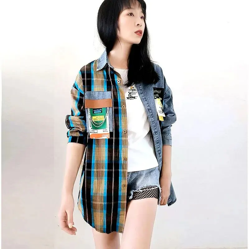 

Denim Shirt Coat Women Design Sense 2023 Summer New Patchwork Plaid Loose Single Breasted Temperament Popular Top Female LT439